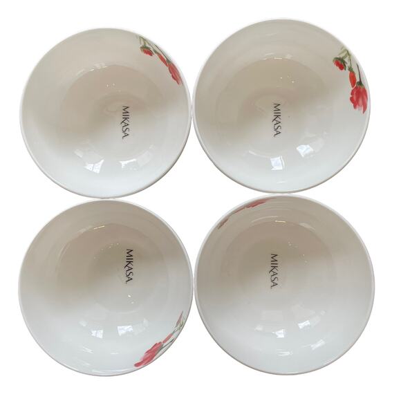 Mikasa Kiera Red Poppy Floral Porcelain Salad Bowls 6in Ceramic Set of 4 NEW - Picture 2 of 10